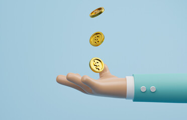 USD dollar coins falling to businessman hand for passive income from investment and saving concept by 3d render illustration.