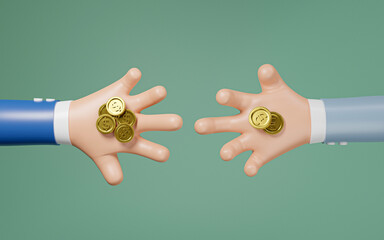 Two businessmen hands holding US dollar coin and Euro coins for forex currency exchange and cash money transfer concept by 3d render illustration.