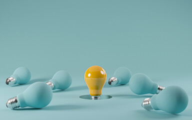 One yellow Lightbulb emerge from the hole among falling blue light bulb with copy space for creative thinking , problem solving solution and outstanding concept by 3d rendering illustration.