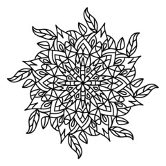  Monochrome circular geometric ornament. Round mandala for coloring book page. Template for printing on fabric.