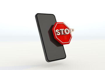 Smartphone with stop sign floating. 3d render