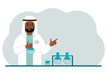 Muslim male scientist with flasks. Experimental scientist, laboratory assistant, biochemistry, chemical, scientific research.