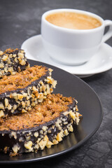 Fresh baked pastry made of zucchini and cup of coffee. Delicious dessert