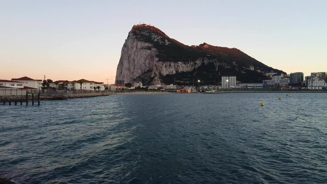 Gibraltar overview from Spain at sundown, slight pan right