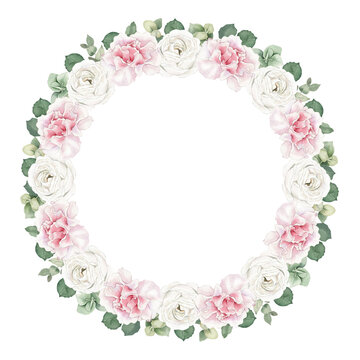 Watercolor floral wreath with pink  roses on white background for celebration design. Wedding design template. Beautiful spring natural illustration