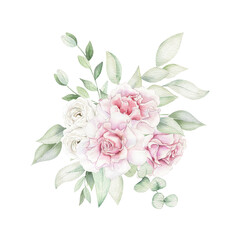 Decorative watercolor flowers. Hand-painted pink and white roses, greenery bouquet illustration. Botanic composition for wedding or greeting card