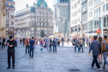 Foto auf Acrylglas Silhouette of people walking on the street of big city shopping day, big crowd of people walking © babaroga