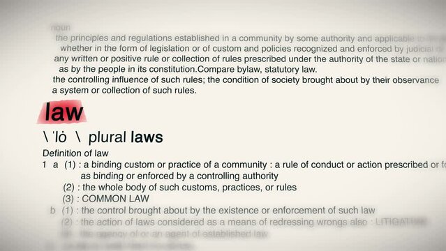 The Word Law Red Highlighted in a Dictionary Animation