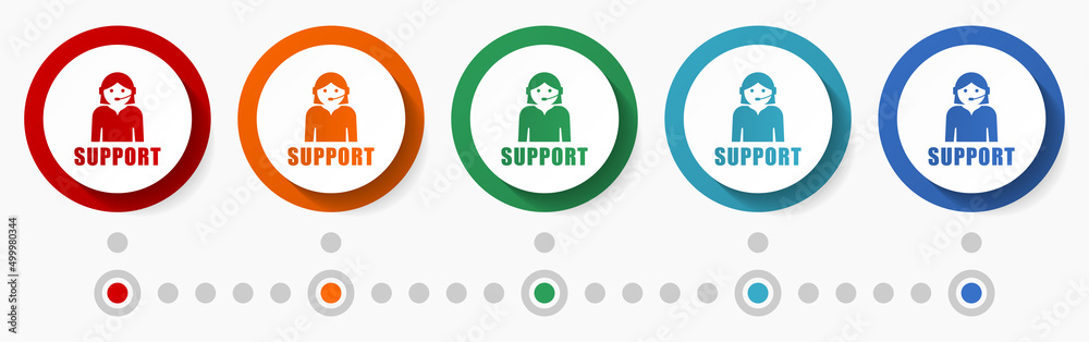 Aufkleber support, customer service concept vector icon set, flat design colorful buttons, infographic templat