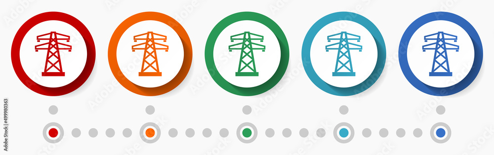 Poster power line concept vector icon set, infographic template, flat design colorful web buttons in 5 colo