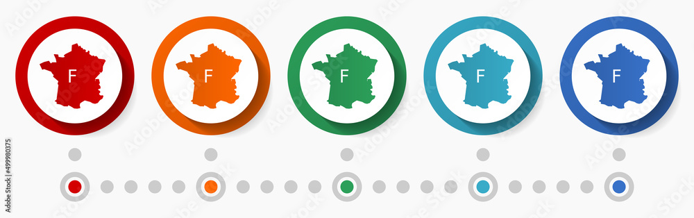 Poster France map concept vector icon set, infographic template, flat design colorful web buttons in 5 color options