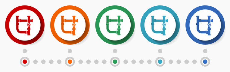 Pipe, tube concept vector icon set, infographic template, flat design colorful web buttons in 5 color options