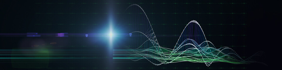 Abstract technology background with color wireframe on black. Visual presentation of analytics algorithms with spot effect.  Banner for business, science and technology. Big Data.
