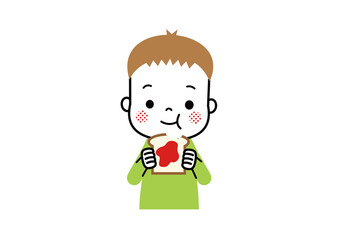いちごジャムをたっぷり塗った食パンをもぐもぐと食べている男の子