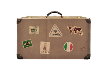Isolated old retro traveler suitcase with travel stickers on white background