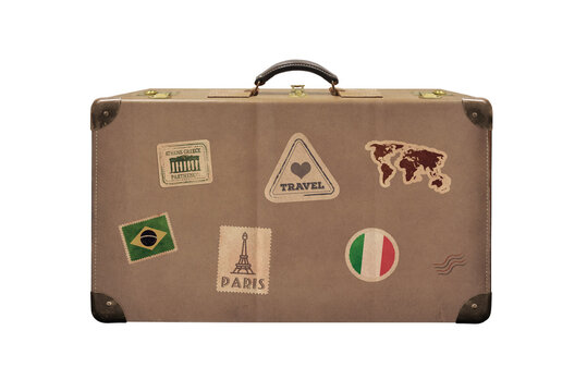 Isolated Old Retro Traveler Suitcase With Travel Stickers On White Background