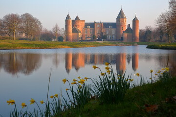 Fototapeta premium Reflections of Westhove Castle, located in the nature reserve de Manteling near Domburg, Zeeland, Netherlands