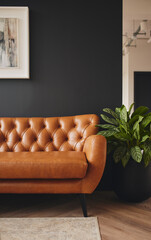Brown leather retro couch on wooden floor next to lush pot plant with dark wall and artwork