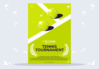 vector illustration of a minimalist poster template for a tennis tournament, with light green balls lying on a tennis court