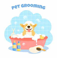 Pet grooming concept. Cute welsh corgi dog character, takes a bubble bath. Dog washing service the grooming salon. Cartoon flat vector illustration.