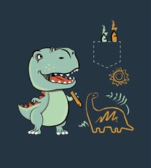 Dinosaur drawing comic style vector illustration.Cartoon dinosaur illustration, vector. T shirt design for kids.print for T-shirt  with t rex. cartoon cute tyrannosaurus.Best for boys t shirt.