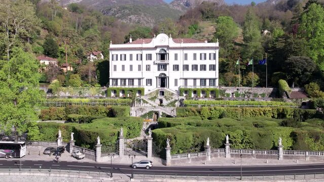 Facade of Villa Carlotta in front of Lake Como, aerial view.