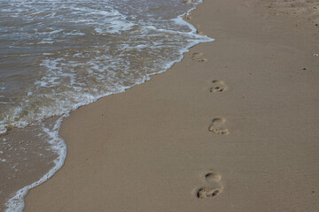 Footprints in the sand beach. Footprints in the sand against a sea wave. Footprints on a sunny day with golden sand, beach, wave and footsteps