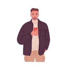 Person holding mobile phone in hand, looking and reading, surfing internet. Man standing with smartphone, chatting online with cellphone. Flat vector illustration isolated on white background