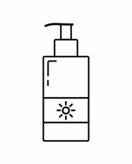 Bottle with gel or cream for skin protection and UVA/UVB rays blocking in sand on the sea beach. Vector ready for branding, packaging and advertising design.