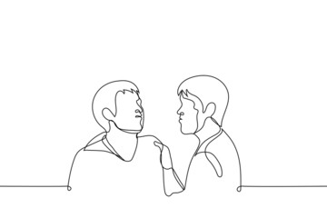 angry man grabbed another by the scruff of the neck and brought his face closer to him - one line drawing vector. concept of rage, anger, conflict, quarrel, aggression, use of physical force, violence
