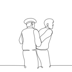 policeman twists man's arms behind his back - one line drawing vector. concept of the arrest of criminal by male policeman, detention of a citizen