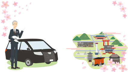 春の京都観光をアテンドする男性のタクシー運転手