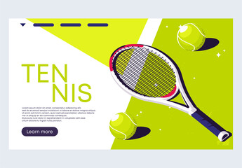 vector illustration of a minimalist website template for a tennis tournament with light green balls lying on a tennis court - obrazy, fototapety, plakaty