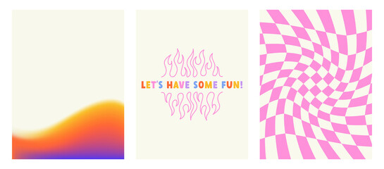 Naklejka na ściany i meble Set of bright posters. Lettering and flame print, modern mesh editable gradient and checkered distorted background. Modern vector illustration of Y2k. Nostalgia for the 2000 years.