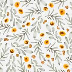 Summer Leaves and Abstract Art Blooms with Gold Glitter Watercolor Seamless Pattern