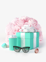 green box, a cup of coffee, sun glasses, macaron and diamond with pink flowers isolated on white background. 3D rendering
