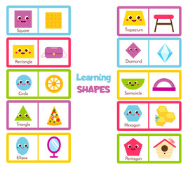 learning geometric shapes for kids. Set of flashcards wtih forms and objects. Educational material for children, kids, toddlers. - 499985336
