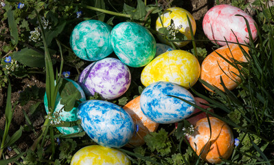 Happy Easter, colorful eggs and flowers.