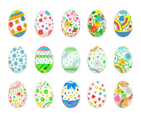 Set of bright Easter eggs with patterns. Vector flat image of decorative eggs for Easter holiday