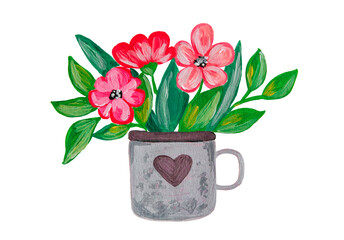 Bright bouquet acrylic painted flowers in a mug with a heart. Illustration. Hand drawn. Mother's Day, wedding, birthday, Easter, Valentine's Day.