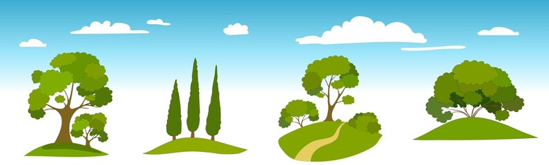 flat set of groups of green trees on a blue sky background with clouds