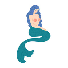 Beautiful mermaid with long hair. Vector hand drawn illustration in flat cartoon style. Isolated on white background.