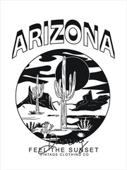 Arizona desert dreaming feel the sunset, Desert vibes vector graphic print design for apparel, stickers, posters, background and others. Outdoor western vintage artwork. Arizona desert t-shirt design