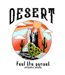 desert Arizona state, Desert vibes vector graphic print design for apparel, stickers, posters, background and others. Outdoor western vintage artwork. Arizona desert t-shirt design