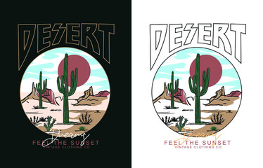 Desert Cactus feel the sunset, Desert Dreaming Arizona, Desert vibes vector graphic print design for apparel, stickers, posters, background and others. Outdoor western vintage artwork. Arizona desert  - obrazy, fototapety, plakaty