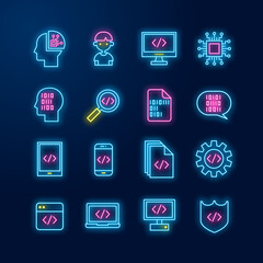 Bundle of AI coding neon light line icon vector set