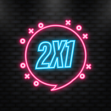 Neon Icon. 2X1 red half price commercial tag isolated on white background. Vector illustration