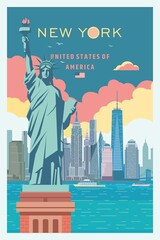 New York city skyline and liberty statue vector poster design.  - 499988127