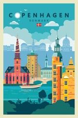Copenhagen city architectural monument buildings vector poster illustration. Denmark - 499988132