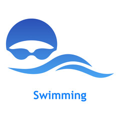 Logo con texto Swimming. Icono plano con silueta de cabeza de nadador con sombrero de natación y gafas protectoras con olas en color azul